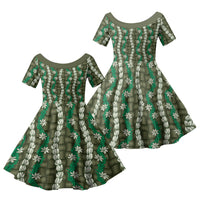 Pikake Maile Tiare Lei Family Matching Off Shoulder Maxi Dress and Hawaiian Shirt Omaomao Lauhala Pattern LT01 Daughter's Dress Green - Polynesian Pride