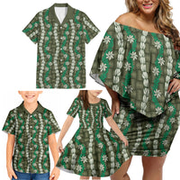 Pikake Maile Tiare Lei Family Matching Off Shoulder Short Dress and Hawaiian Shirt Omaomao Lauhala Pattern LT01 - Polynesian Pride