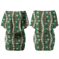 Pikake Maile Tiare Lei Family Matching Off Shoulder Short Dress and Hawaiian Shirt Omaomao Lauhala Pattern LT01 Mom's Dress Green - Polynesian Pride
