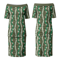 Pikake Maile Tiare Lei Family Matching Puletasi and Hawaiian Shirt Omaomao Lauhala Pattern LT01 Mom's Dress Green - Polynesian Pride