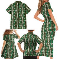 Pikake Maile Tiare Lei Family Matching Short Sleeve Bodycon Dress and Hawaiian Shirt Omaomao Lauhala Pattern