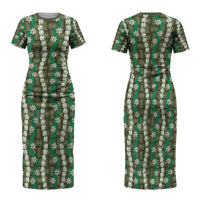 Pikake Maile Tiare Lei Family Matching Short Sleeve Bodycon Dress and Hawaiian Shirt Omaomao Lauhala Pattern LT01 Mom's Dress Green - Polynesian Pride