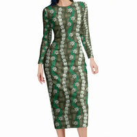 Pikake Maile Tiare Lei Long Sleeve Bodycon Dress Omaomao Lauhala Pattern LT01 Long Dress Green - Polynesian Pride