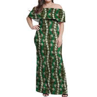 Pikake Maile Tiare Lei Off Shoulder Maxi Dress Omaomao Lauhala Pattern