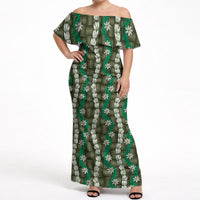Pikake Maile Tiare Lei Off Shoulder Maxi Dress Omaomao Lauhala Pattern LT01 Women Green - Polynesian Pride