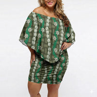 Pikake Maile Tiare Lei Off Shoulder Short Dress Omaomao Lauhala Pattern LT01 Women Green - Polynesian Pride