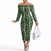 Pikake Maile Tiare Lei Off The Shoulder Long Sleeve Dress Omaomao Lauhala Pattern LT01 Women Green - Polynesian Pride