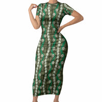 Pikake Maile Tiare Lei Short Sleeve Bodycon Dress Omaomao Lauhala Pattern LT01 Long Dress Green - Polynesian Pride