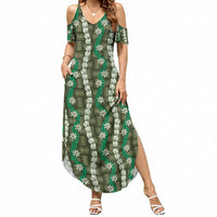 Pikake Maile Tiare Lei Summer Maxi Dress Omaomao Lauhala Pattern LT01 Women Green - Polynesian Pride