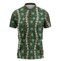 Pikake Maile Tiare Lei Zipper Polo Shirt Omaomao Lauhala Pattern LT01 Green - Polynesian Pride