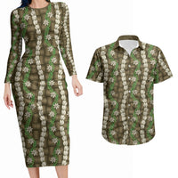 Pikake Maile Tiare Lei Couples Matching Long Sleeve Bodycon Dress and Hawaiian Shirt Natural Lauhala Pattern LT01 Brown - Polynesian Pride