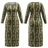 Pikake Maile Tiare Lei Couples Matching Long Sleeve Bodycon Dress and Hawaiian Shirt Natural Lauhala Pattern LT01 - Polynesian Pride