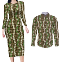 Pikake Maile Tiare Lei Couples Matching Long Sleeve Bodycon Dress and Long Sleeve Button Shirt Natural Lauhala Pattern