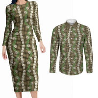 Pikake Maile Tiare Lei Couples Matching Long Sleeve Bodycon Dress and Long Sleeve Button Shirt Natural Lauhala Pattern LT01 Brown - Polynesian Pride