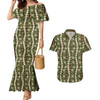 Pikake Maile Tiare Lei Couples Matching Mermaid Dress and Hawaiian Shirt Natural Lauhala Pattern