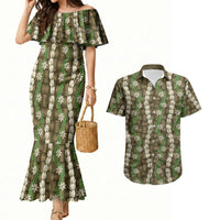 Pikake Maile Tiare Lei Couples Matching Mermaid Dress and Hawaiian Shirt Natural Lauhala Pattern LT01 Brown - Polynesian Pride