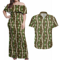 Pikake Maile Tiare Lei Couples Matching Off Shoulder Maxi Dress and Hawaiian Shirt Natural Lauhala Pattern