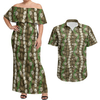 Pikake Maile Tiare Lei Couples Matching Off Shoulder Maxi Dress and Hawaiian Shirt Natural Lauhala Pattern LT01 Brown - Polynesian Pride