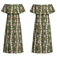 Pikake Maile Tiare Lei Couples Matching Off Shoulder Maxi Dress and Hawaiian Shirt Natural Lauhala Pattern LT01 - Polynesian Pride