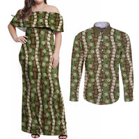 Pikake Maile Tiare Lei Couples Matching Off Shoulder Maxi Dress and Long Sleeve Button Shirt Natural Lauhala Pattern