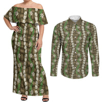 Pikake Maile Tiare Lei Couples Matching Off Shoulder Maxi Dress and Long Sleeve Button Shirt Natural Lauhala Pattern LT01 Brown - Polynesian Pride