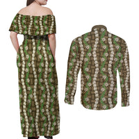 Pikake Maile Tiare Lei Couples Matching Off Shoulder Maxi Dress and Long Sleeve Button Shirt Natural Lauhala Pattern