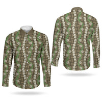 Pikake Maile Tiare Lei Couples Matching Off Shoulder Maxi Dress and Long Sleeve Button Shirt Natural Lauhala Pattern LT01 - Polynesian Pride