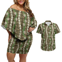 Pikake Maile Tiare Lei Couples Matching Off Shoulder Short Dress and Hawaiian Shirt Natural Lauhala Pattern LT01 Brown - Polynesian Pride