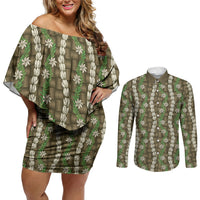 Pikake Maile Tiare Lei Couples Matching Off Shoulder Short Dress and Long Sleeve Button Shirt Natural Lauhala Pattern LT01 Brown - Polynesian Pride