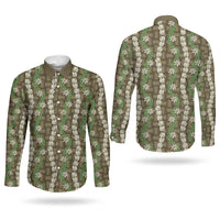 Pikake Maile Tiare Lei Couples Matching Off Shoulder Short Dress and Long Sleeve Button Shirt Natural Lauhala Pattern LT01 - Polynesian Pride