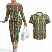Pikake Maile Tiare Lei Couples Matching Off The Shoulder Long Sleeve Dress and Hawaiian Shirt Natural Lauhala Pattern LT01 Brown - Polynesian Pride