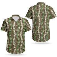 Pikake Maile Tiare Lei Couples Matching Off The Shoulder Long Sleeve Dress and Hawaiian Shirt Natural Lauhala Pattern LT01 - Polynesian Pride
