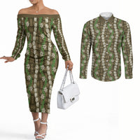 Pikake Maile Tiare Lei Couples Matching Off The Shoulder Long Sleeve Dress and Long Sleeve Button Shirt Natural Lauhala Pattern LT01 Brown - Polynesian Pride