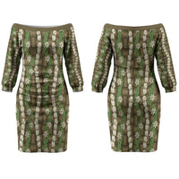 Pikake Maile Tiare Lei Couples Matching Off The Shoulder Long Sleeve Dress and Long Sleeve Button Shirt Natural Lauhala Pattern LT01 - Polynesian Pride