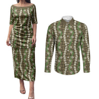 Pikake Maile Tiare Lei Couples Matching Puletasi and Long Sleeve Button Shirt Natural Lauhala Pattern LT01 Brown - Polynesian Pride