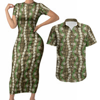 Pikake Maile Tiare Lei Couples Matching Short Sleeve Bodycon Dress and Hawaiian Shirt Natural Lauhala Pattern LT01 Brown - Polynesian Pride