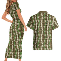 Pikake Maile Tiare Lei Couples Matching Short Sleeve Bodycon Dress and Hawaiian Shirt Natural Lauhala Pattern