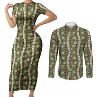Pikake Maile Tiare Lei Couples Matching Short Sleeve Bodycon Dress and Long Sleeve Button Shirt Natural Lauhala Pattern LT01 Brown - Polynesian Pride