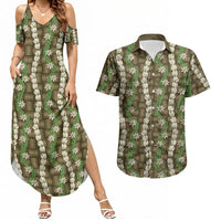 Pikake Maile Tiare Lei Couples Matching Summer Maxi Dress and Hawaiian Shirt Natural Lauhala Pattern LT01 Brown - Polynesian Pride