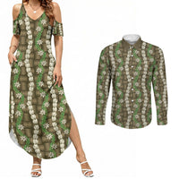 Pikake Maile Tiare Lei Couples Matching Summer Maxi Dress and Long Sleeve Button Shirt Natural Lauhala Pattern LT01 Brown - Polynesian Pride