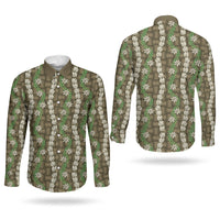 Pikake Maile Tiare Lei Couples Matching Summer Maxi Dress and Long Sleeve Button Shirt Natural Lauhala Pattern LT01 - Polynesian Pride