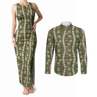 Pikake Maile Tiare Lei Couples Matching Tank Maxi Dress and Long Sleeve Button Shirt Natural Lauhala Pattern LT01 Brown - Polynesian Pride