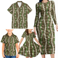 Pikake Maile Tiare Lei Family Matching Long Sleeve Bodycon Dress and Hawaiian Shirt Natural Lauhala Pattern LT01 - Polynesian Pride