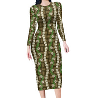 Pikake Maile Tiare Lei Family Matching Long Sleeve Bodycon Dress and Hawaiian Shirt Natural Lauhala Pattern