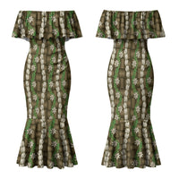 Pikake Maile Tiare Lei Family Matching Mermaid Dress and Hawaiian Shirt Natural Lauhala Pattern LT01 Mom's Dress Brown - Polynesian Pride