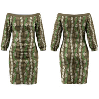 Pikake Maile Tiare Lei Family Matching Off The Shoulder Long Sleeve Dress and Hawaiian Shirt Natural Lauhala Pattern LT01 Mom's Dress Brown - Polynesian Pride