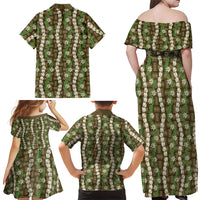 Pikake Maile Tiare Lei Family Matching Off Shoulder Maxi Dress and Hawaiian Shirt Natural Lauhala Pattern