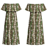 Pikake Maile Tiare Lei Family Matching Off Shoulder Maxi Dress and Hawaiian Shirt Natural Lauhala Pattern LT01 Mom's Dress Brown - Polynesian Pride