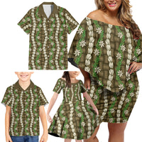 Pikake Maile Tiare Lei Family Matching Off Shoulder Short Dress and Hawaiian Shirt Natural Lauhala Pattern