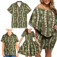 Pikake Maile Tiare Lei Family Matching Off Shoulder Short Dress and Hawaiian Shirt Natural Lauhala Pattern LT01 - Polynesian Pride